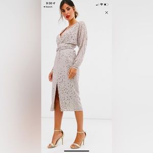 ASOS Design Midi Dress with batting sleeve and wrap waist in scatter sequin